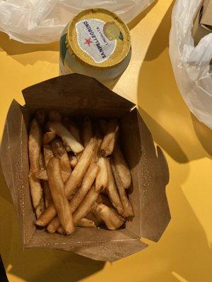 Fries and a Pellegrini lemon soda.