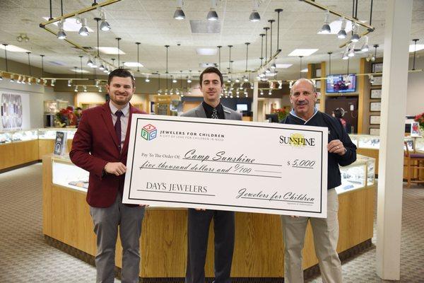 Day's Jewelers partners with Camp Sunshine for an annual $5,000 grant to sponsor a child and their family with a life threatening disease.