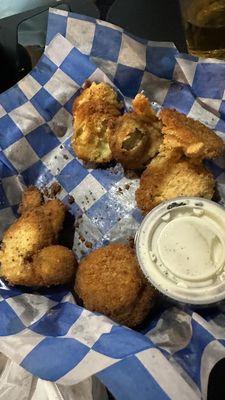 Fried pickles clumped into two big globs!