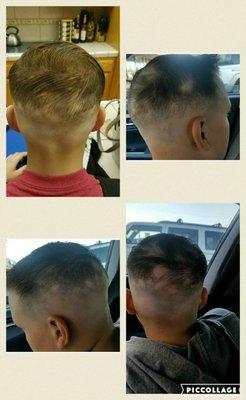 12 yr old w/ Alopecia Areata. Barber Lucky did a fantastic job blending and disguising the bald spots that he could.