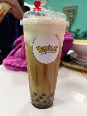 Flaming brown sugar boba tea, with tapioca pearls, almond milk & 75% sweetness.