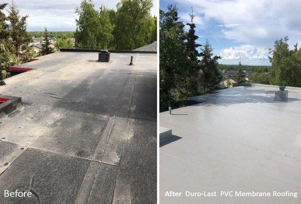 Before and after, replacing a flat roof with Duro-last roofing.