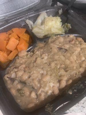 White beans with sausage, yams and cabbage