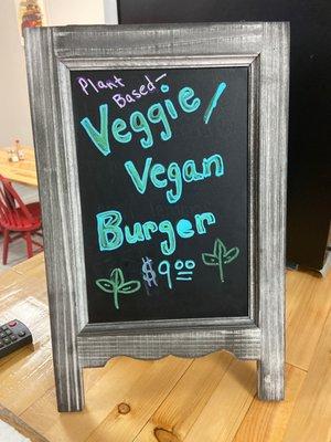 Now serving a plant based veggie/vegan burger ! Made fresh !