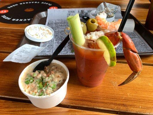 Salmon chowder & crabby Bloody Mary