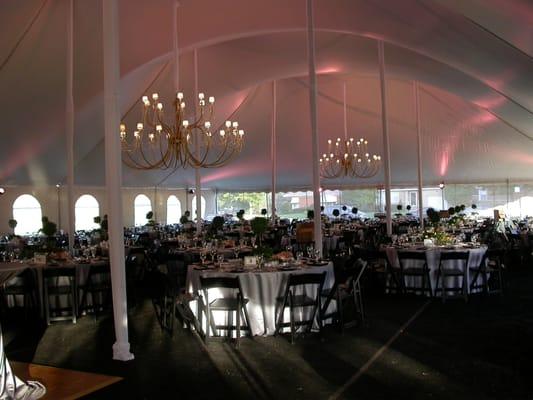 High Peak Century Tent with Cathedral Window Sides, Chandelier Lighting, Black Wood Garden Chairs