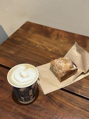 Pistachio rose latte and sweet corn coffee cake