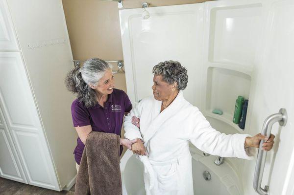 Concerned about your loved one at home during bath time - prevent falls, keep mom safe, let our trained CAREGivers assist