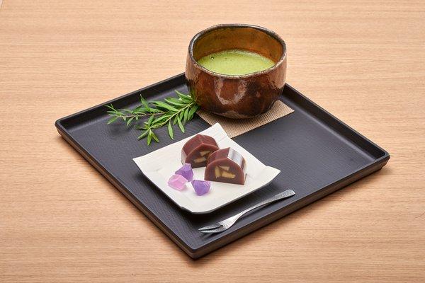 Matcha served with traditional Kuri Yokan; preserved chestnut, adzuki jelly