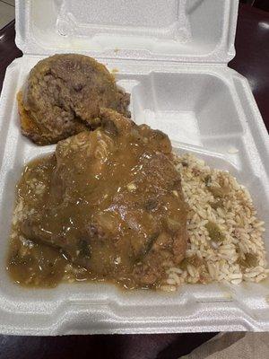 Smothered chicken and rice with sweet potato casserole