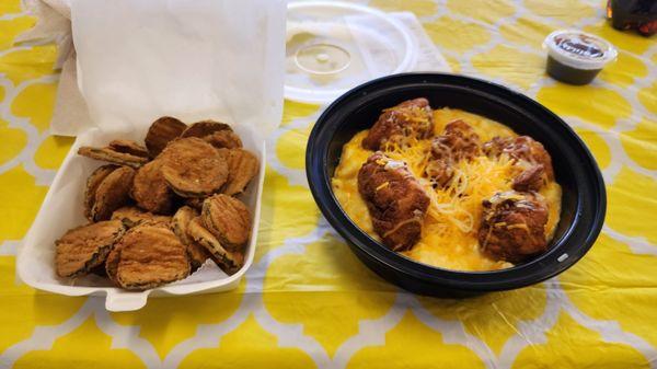 Cheeky mac and cheese bowl and Fried Pickles