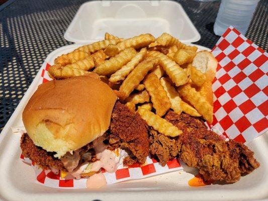 Slider, tender and fries.