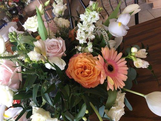 Detail of the beautiful coral roses and ruffled irises. Captured the sophisticated "freshly picked" look I was hoping for.