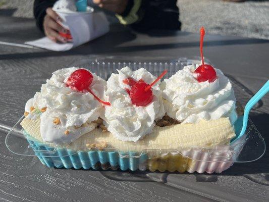 Banana split: Blue Panda w/ pineapple topp, Oatmeal cookie w/ marshmallow topp, White House Cherry w/ fudge & whipped cream, nuts, cherries