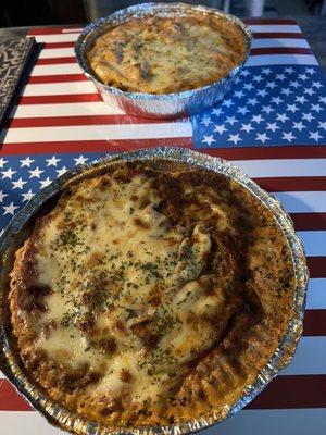 Foreground is Italian Baked Ziti with extra cheese. Background dish is Baked Ziti w/extra cheese.