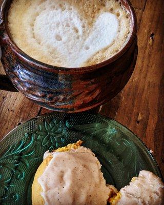 Frothy cup of my Nespresso pumpkin spiced cake with pumpkin cookies (also my "latte art").