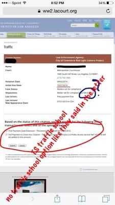 ticket Aug 2014 T.C sent a letter in April 2015 she had to pay $584 and T.S or $520 w/o T.S and a point by July 21,2015