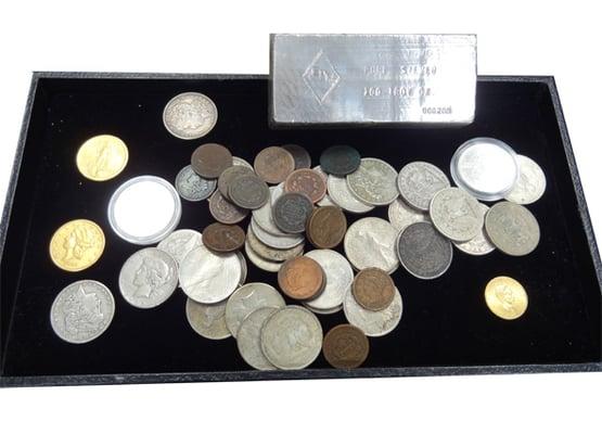 Silver and Gold Coins with 100 oz Silver Bar