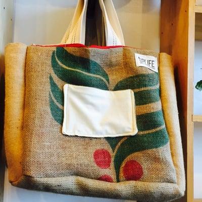 Burlap Tote Bags made from upcycled materials on-site.