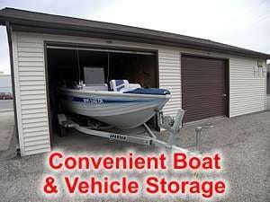 Convenient boat and vehicle storage with easy, ground-level access to storage units.