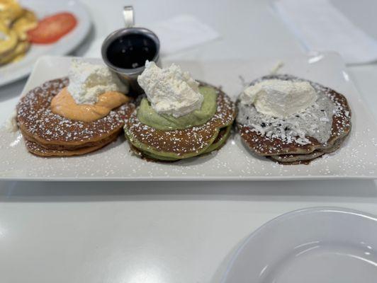 Pancake flight (Thai tea, matcha, and black sesame)