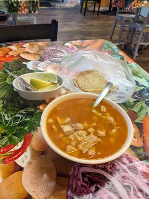 Excellent menudo. Fresh corn tortillas. Condiments.