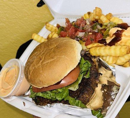 Walnut Burger w/ loaded fries- A customer favorite!