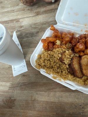 Orange chicken, rice, and potatoes super good and a soda