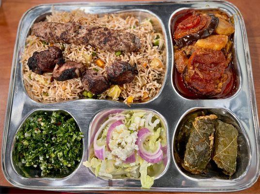 Stuffed Grape Leaves Tabouleh Eggplant Salad Lamb tika Beef Kabob Kofta