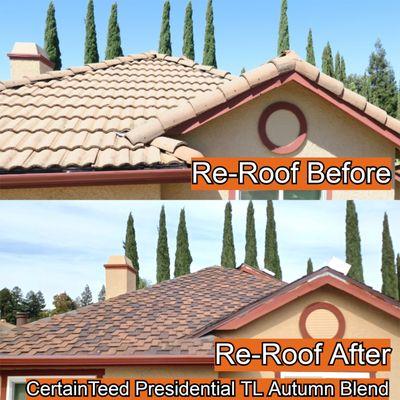 Elk Grove, CA. Re-roof before and after. We installed CertainTeed Presidential TL Autumn Blend.