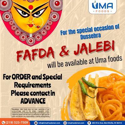 Celebrate the special occasion of Dussehra with the delicious duo of Fafda and Jalebi, available at Uma Foods.