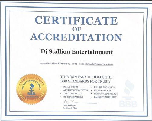 Certificate Of Accreditation from The BBB