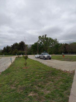 RV site with saplings in view; advertised as shade trees. The fence directly behind the red hydrant marks the dog park.