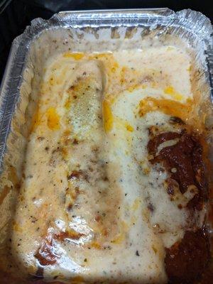 Baked cannelloni 1/2 alfredo 1/2 red sauce