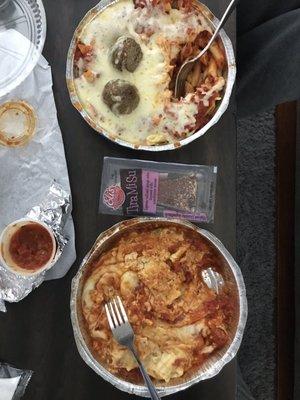 Baked mostaciolli w/meatballs, tiramisu and lasagna