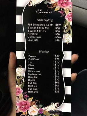 Front side of their menu