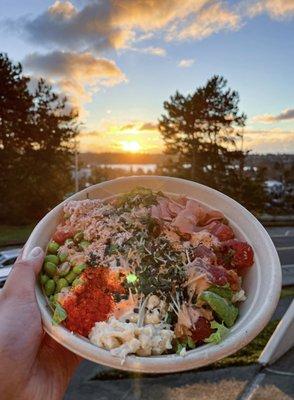 Poke bowl with lomi lomi salmon and the hawaiian