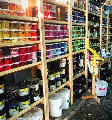 Our in-house ink stock.  We can match any pantone color (plastisol, waterbase, and discharge inks).