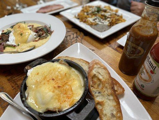 Polenta eggs. Chorizo Hash Scramble. Baked Eggs a la Francaise. All delicious but so rich n filling