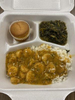 Lunch special: crawfish étouffée, cornbread, & collard greens