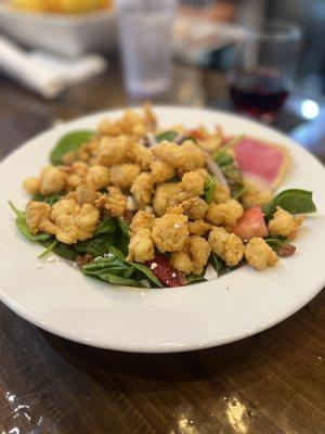 Crawfish and wilted spinach lettuce salad