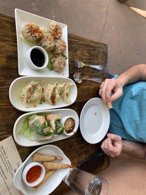 Top/left to bottom/right: Ka Nom Jeeb (my favorite) Buddha Dumpling (my husband's favorite) Fresh Thai Roll Kung Gra Bog