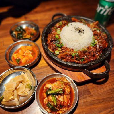 Spicy pork stone pit and banchan