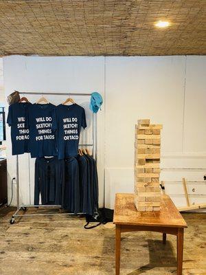 Merch for sale and jumbo Jenga