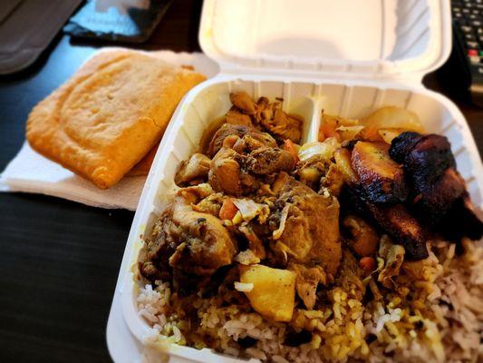 Jerk Chicken w/ rice & beans plus cabbage. Plantains. Beef Patties