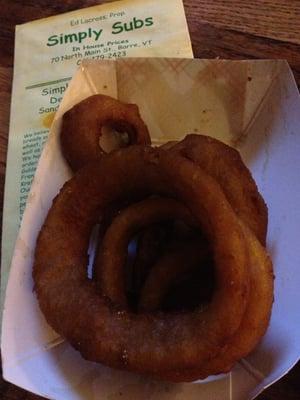 Onion rings. Very tasty but I only got five of them. Not a great bargain.