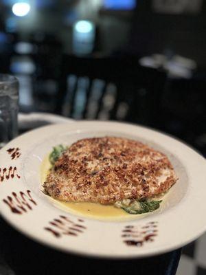 Almond crusted flounder with bok choy and coconut curry