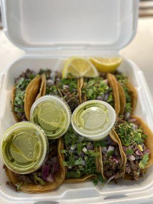 Tacos de Asada with green avocado salsa