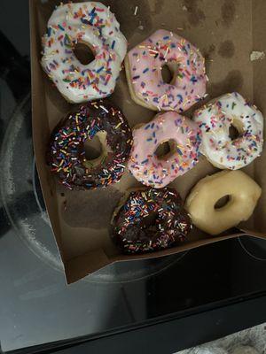 Glazed Donut, white Chocolate Sprinkle Donut, Strawberry Sprinkle Donut & white Vanilla Sprinkle Donut