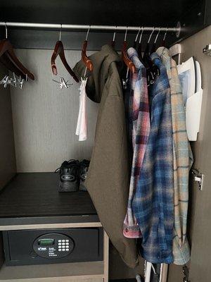 Closet Not sufficient if you have dresses/coats or anything longer than a shirt due the safe and two drawers taking up half of the space.